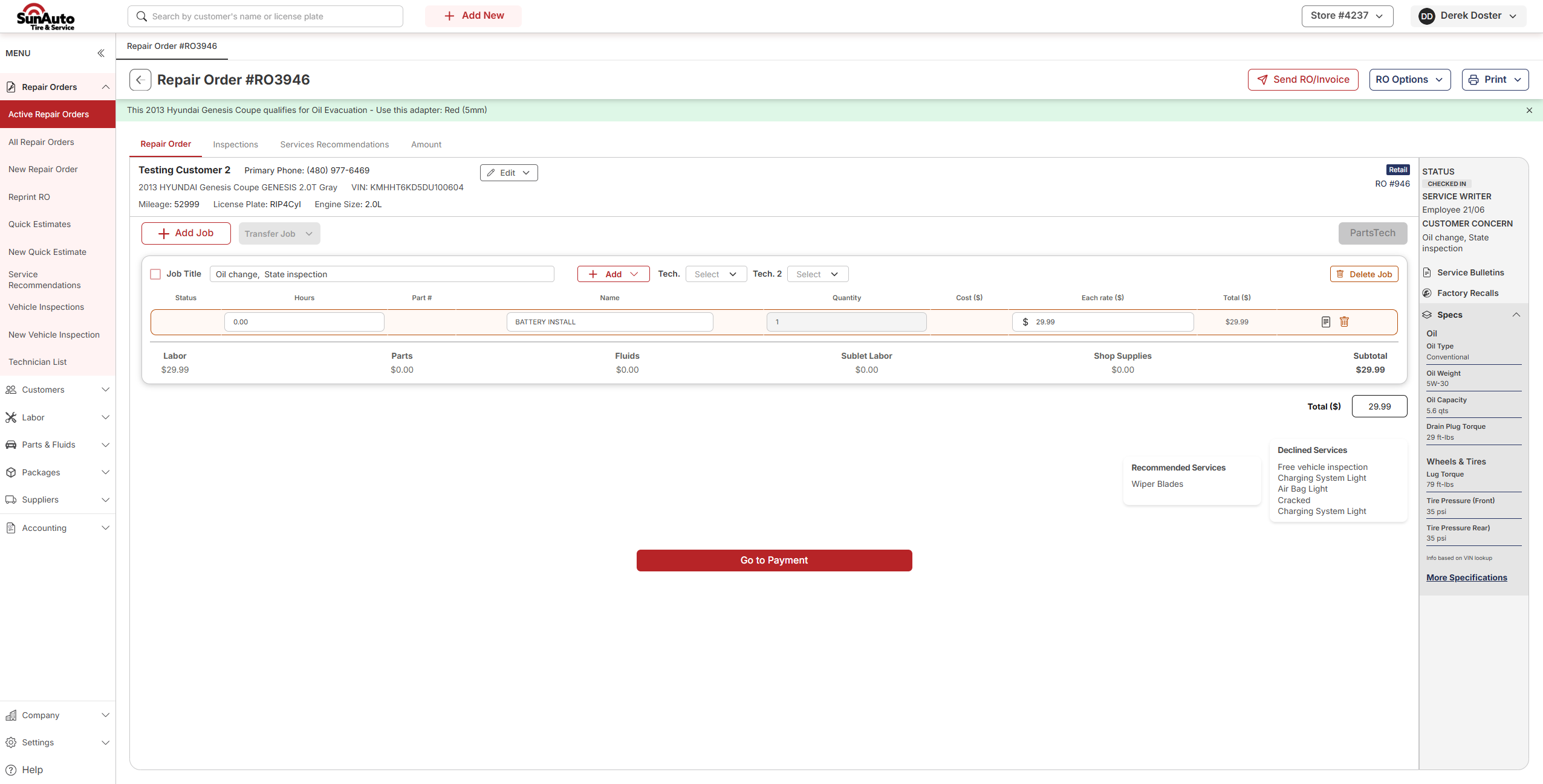 Repair Order with the labor line on the Job, catalog rate filled in, Tech dropdowns, Labor subtotal, and Go to Payment button