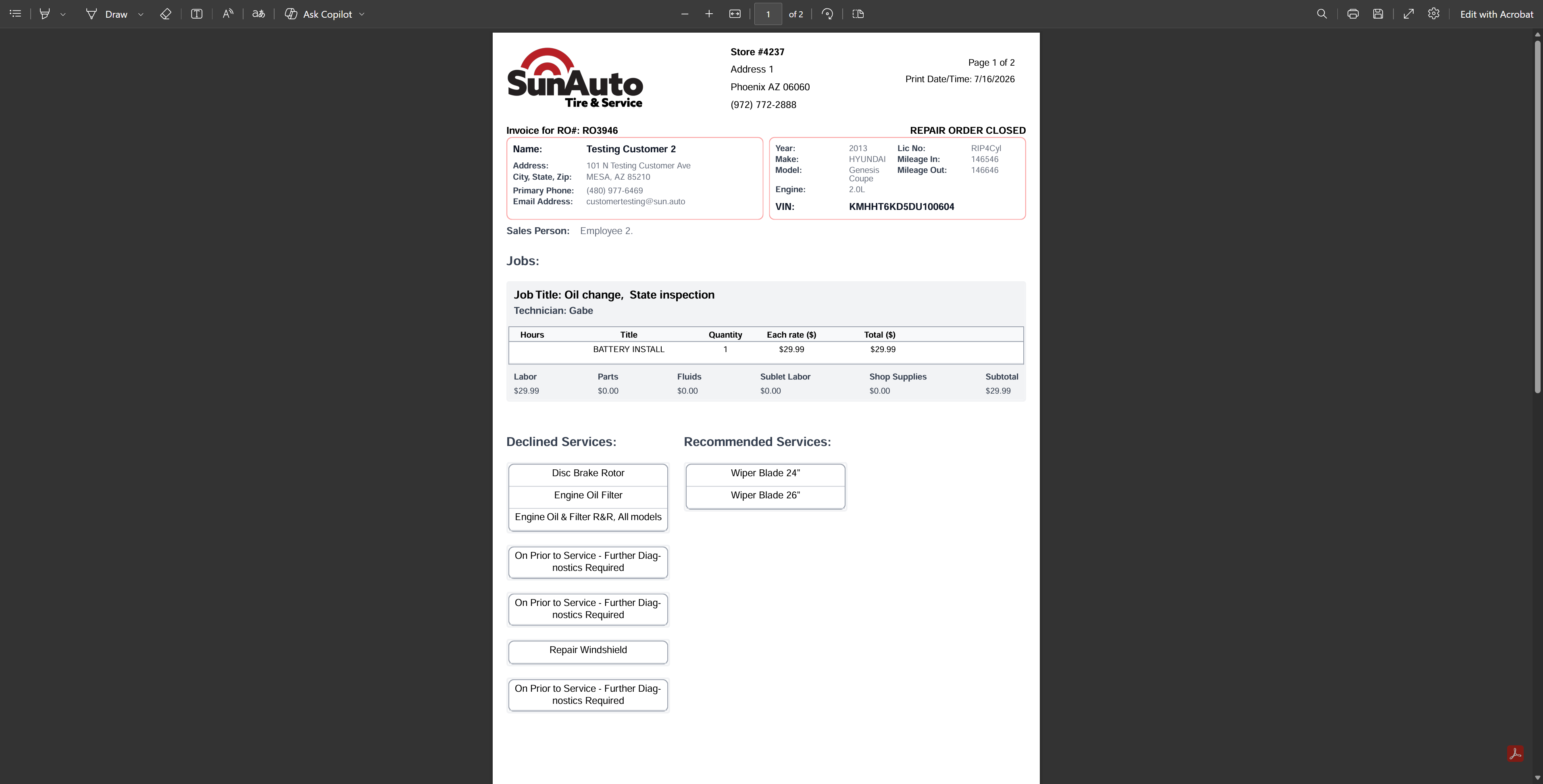 Page one of the generated invoice PDF, showing the store block, the Invoice for RO title, and the REPAIR ORDER CLOSED status