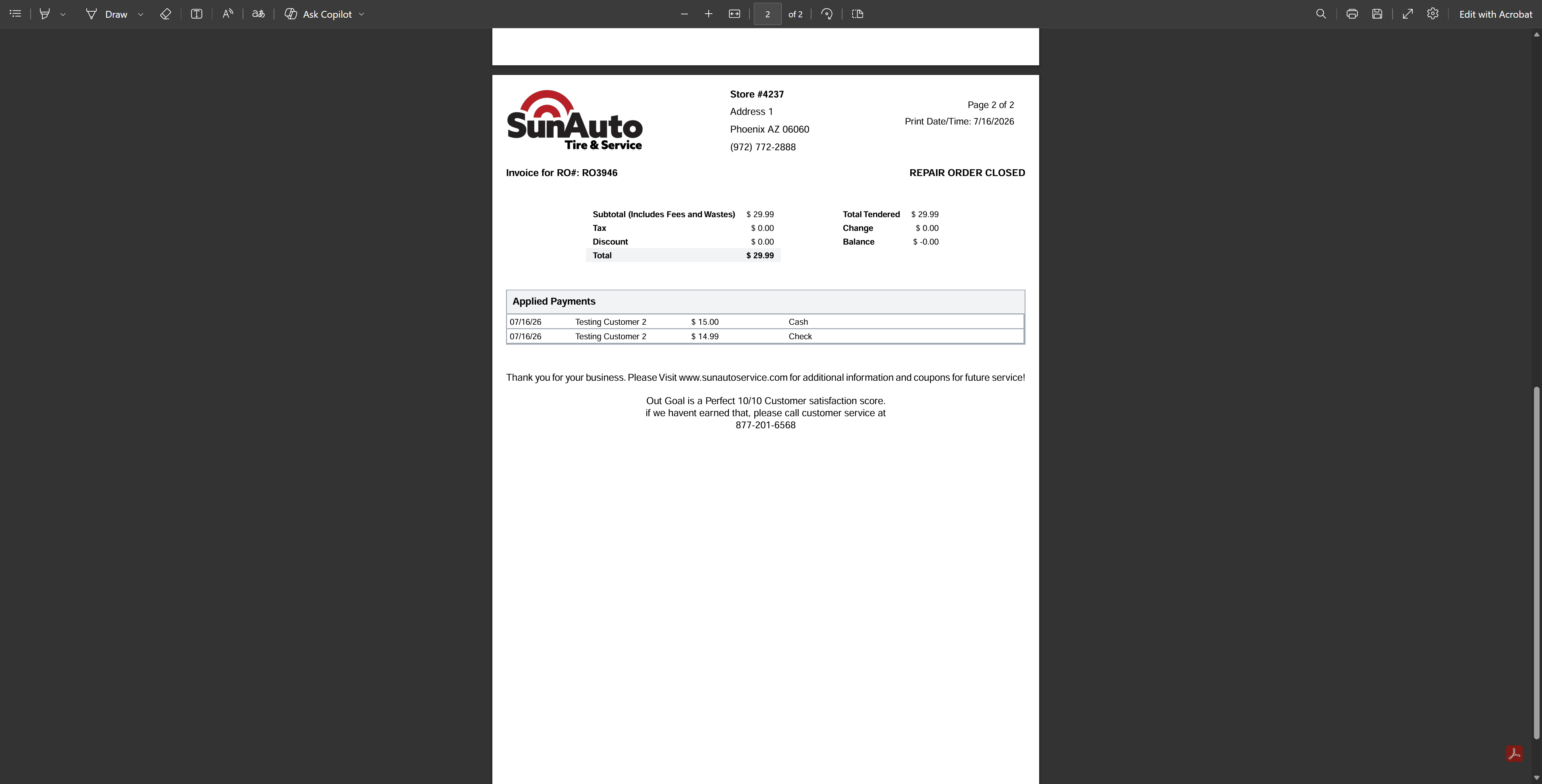 Page two of the generated invoice PDF, showing the totals block and the Applied Payments table listing each payment