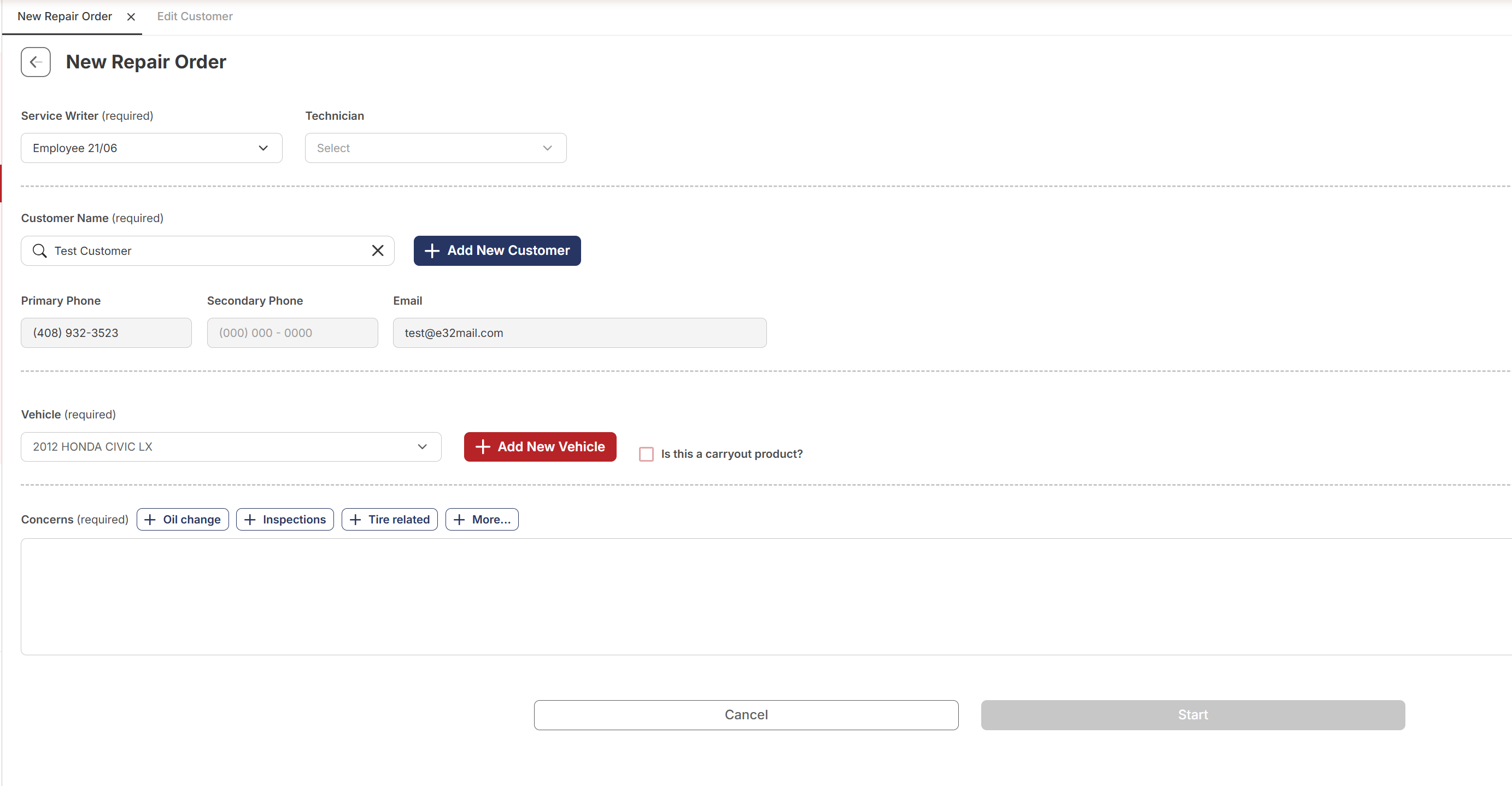 New Repair Order form filled in with example information