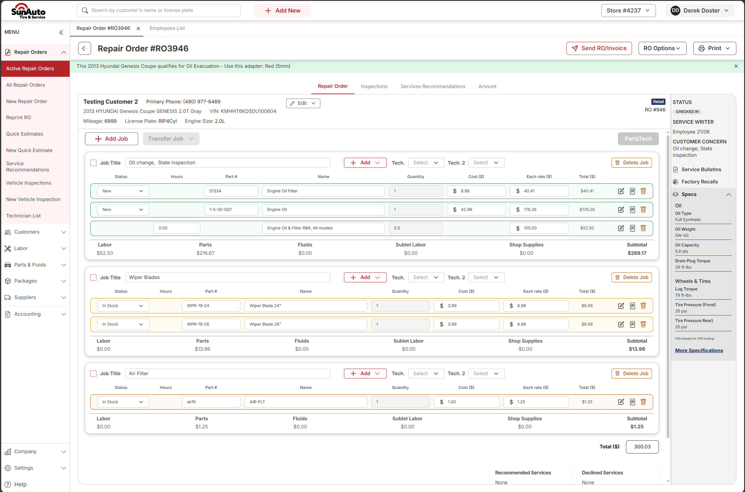 Repair Order with multiple Jobs showing per-Job checkboxes and Transfer Job button