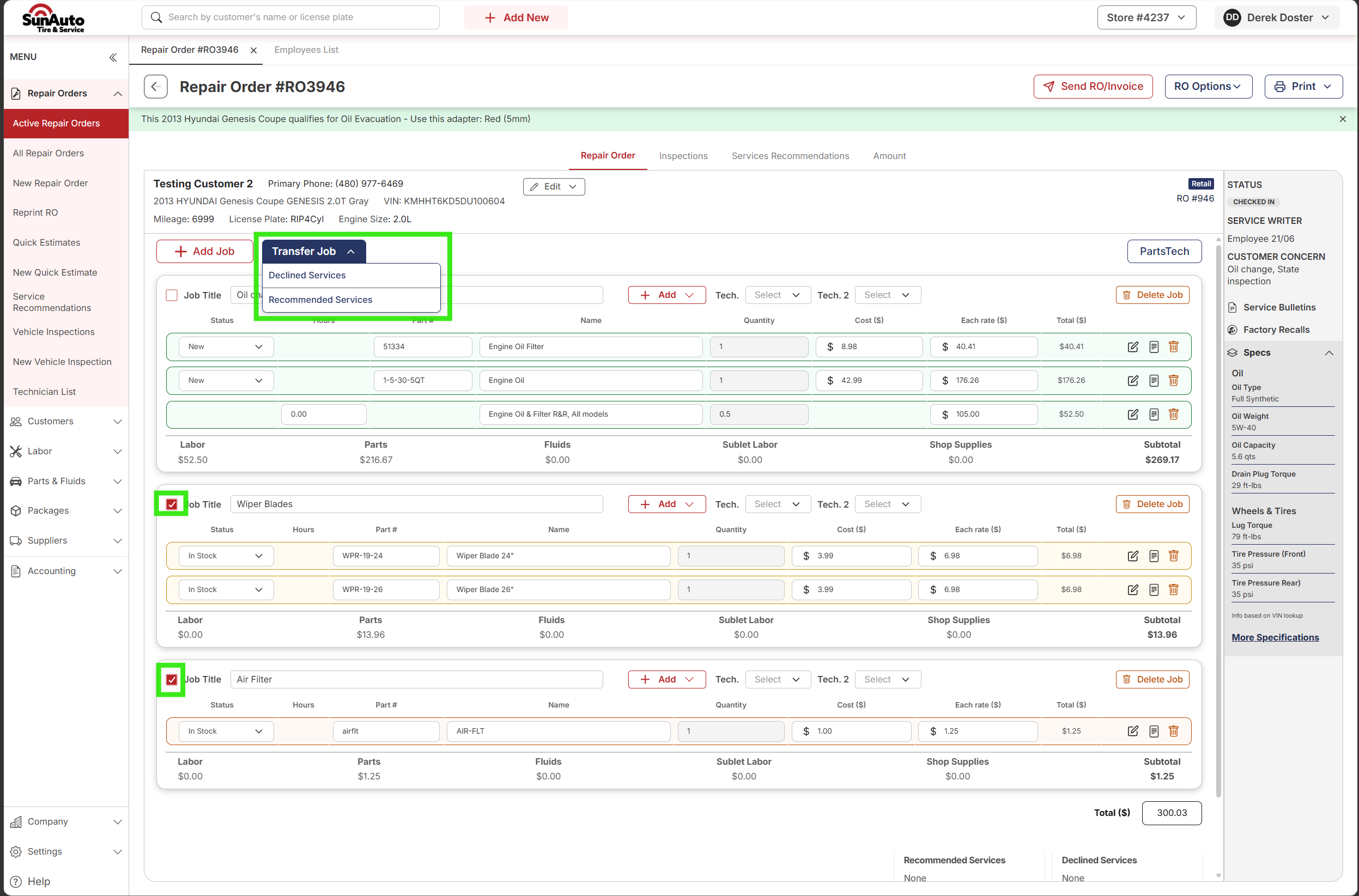 Transfer Job dropdown open showing Declined Services and Recommended Services destinations