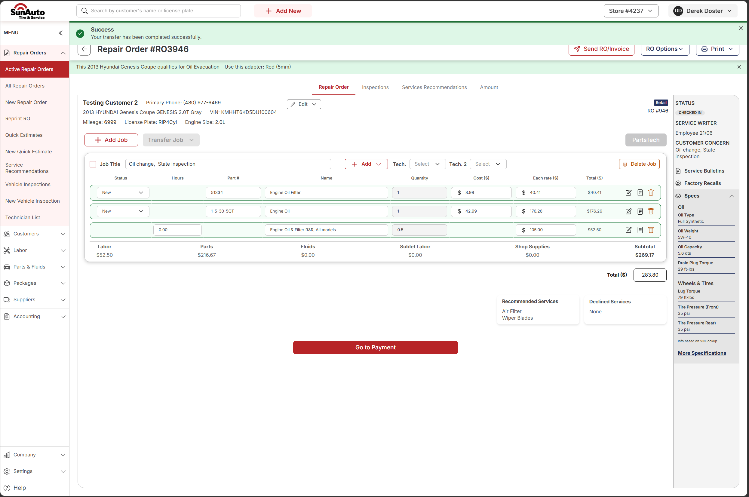 Repair Order after transfer with success banner and Recommended Services list populated