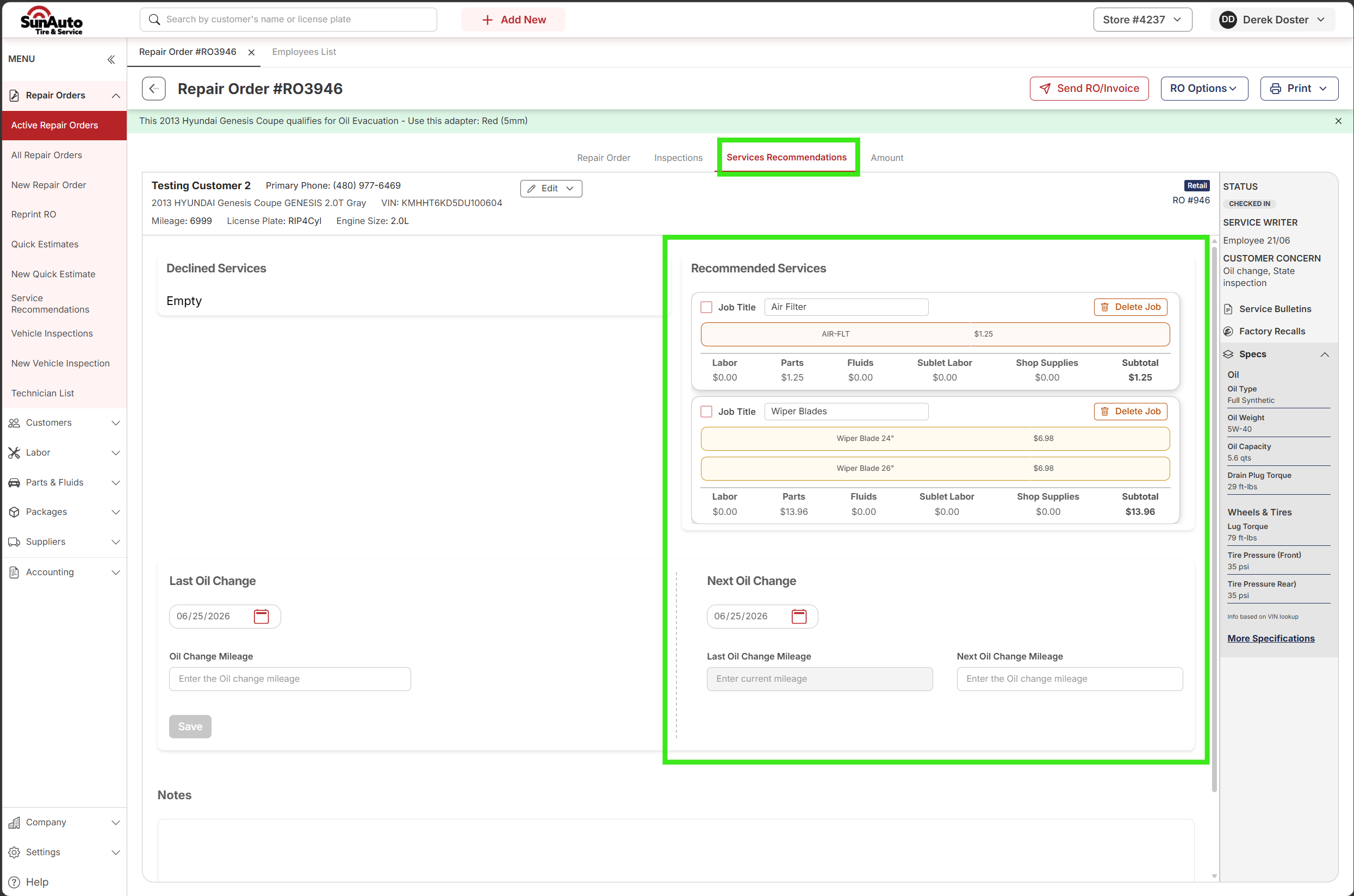 Services Recommendations tab showing Declined Services empty and Recommended Services with Air Filter and Wiper Blades Jobs