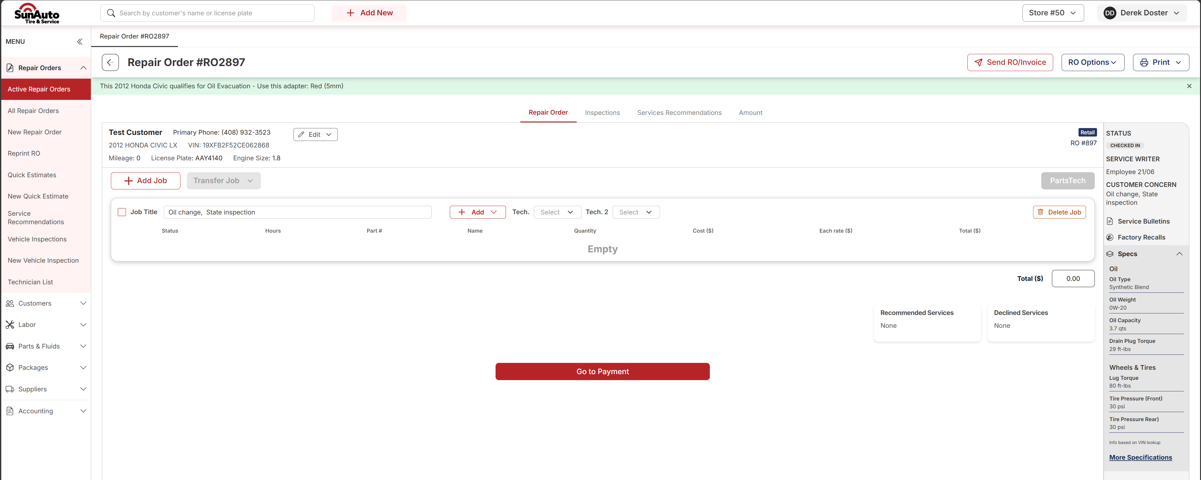 The opened Repair Order workspace