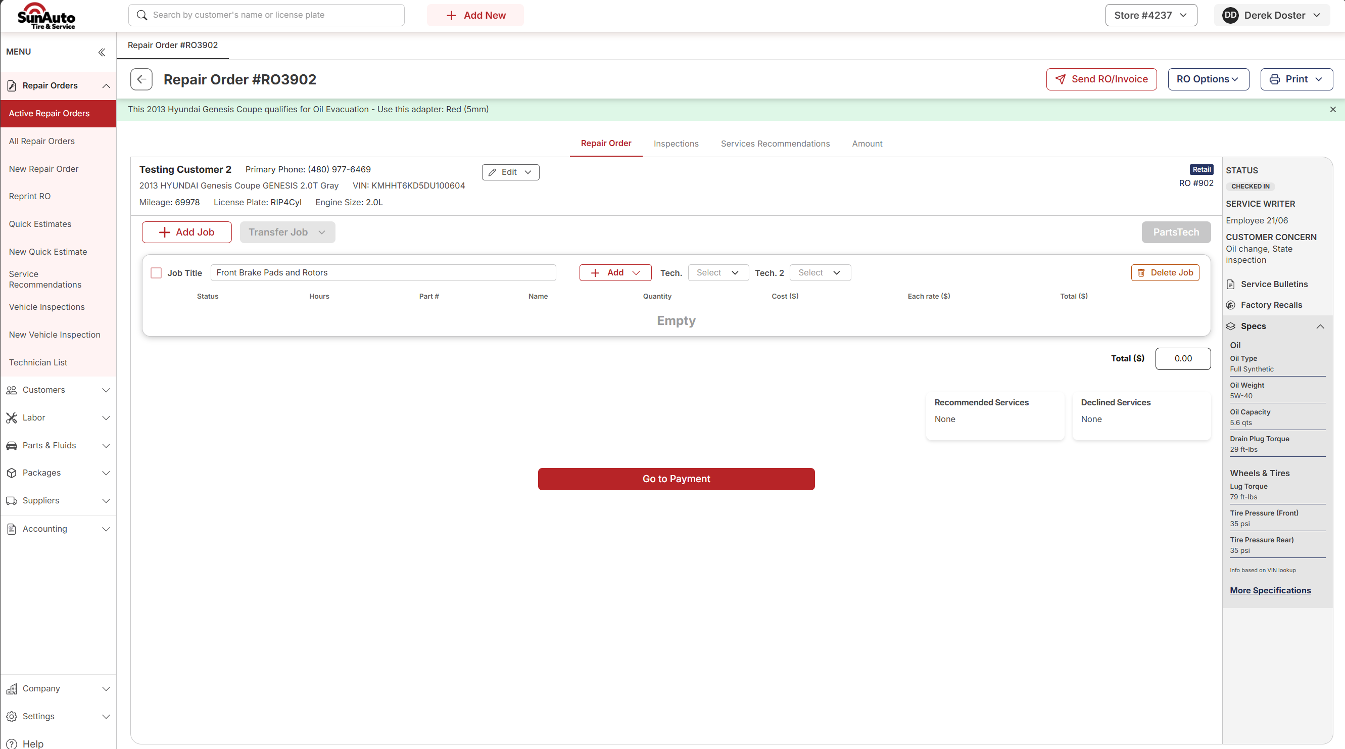 Repair Order with an empty Job and the PartsTech button visible