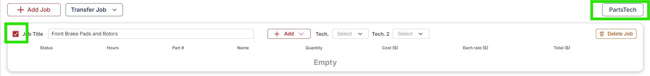 Close-up of the empty Job row with the PartsTech button highlighted