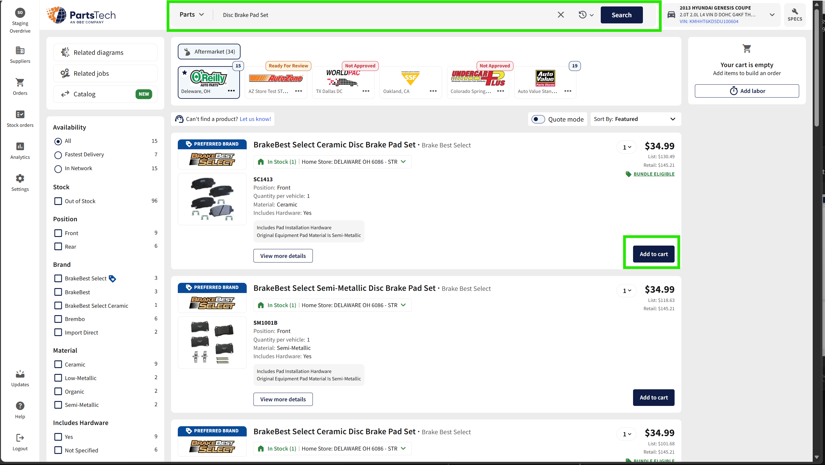 PartsTech search results for Disc Brake Pad Set with supplier strip and filters