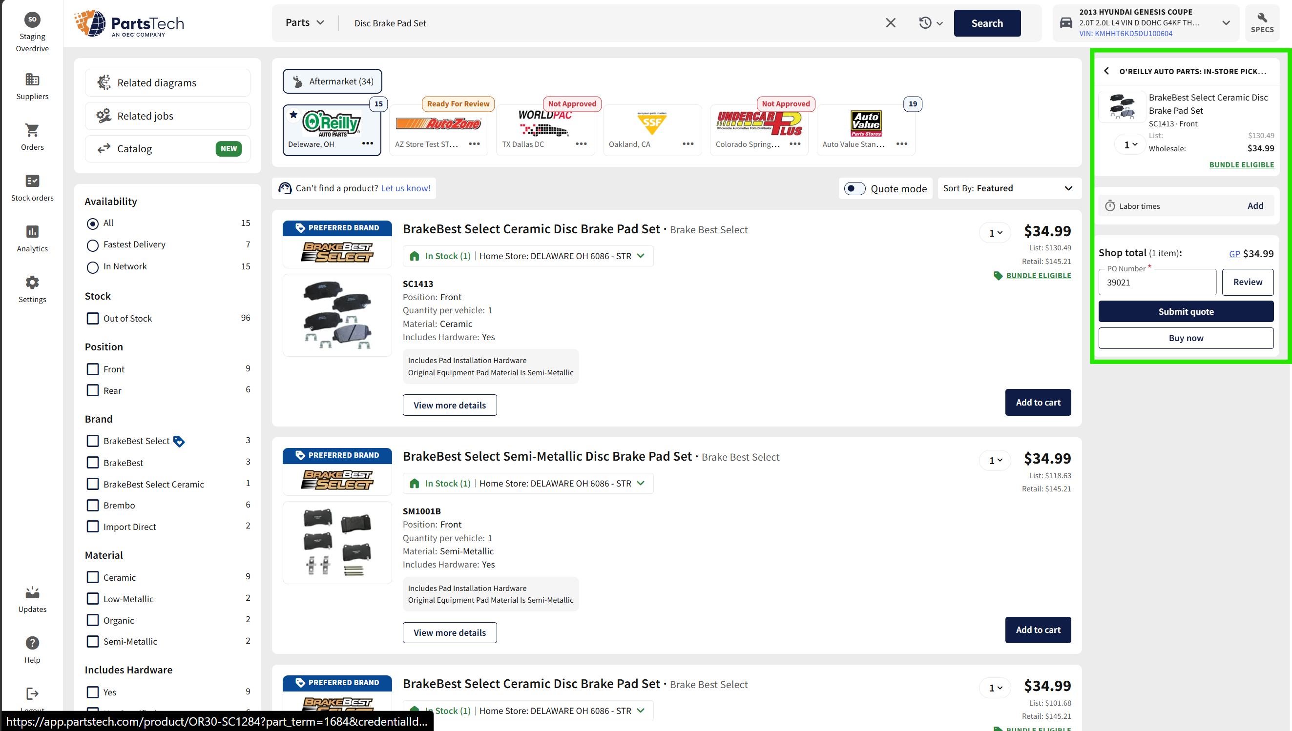 PartsTech with brake pads added to cart, right panel showing shop total and PO Number