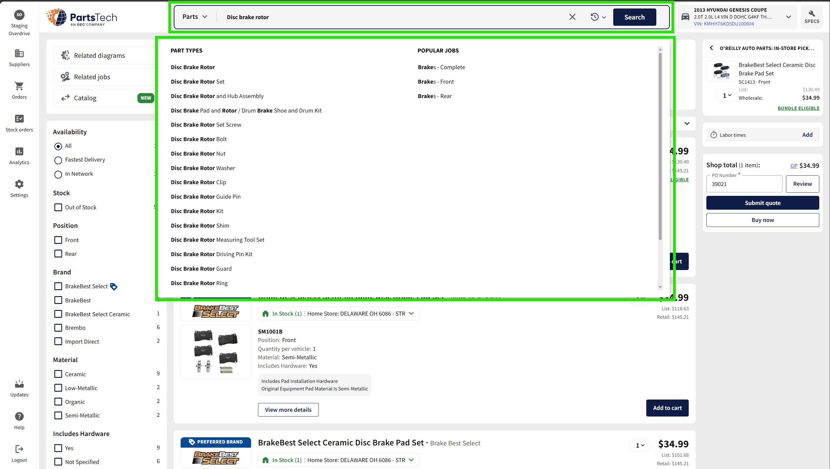 PartsTech search autocomplete grouping suggestions by Part Type and Popular Jobs