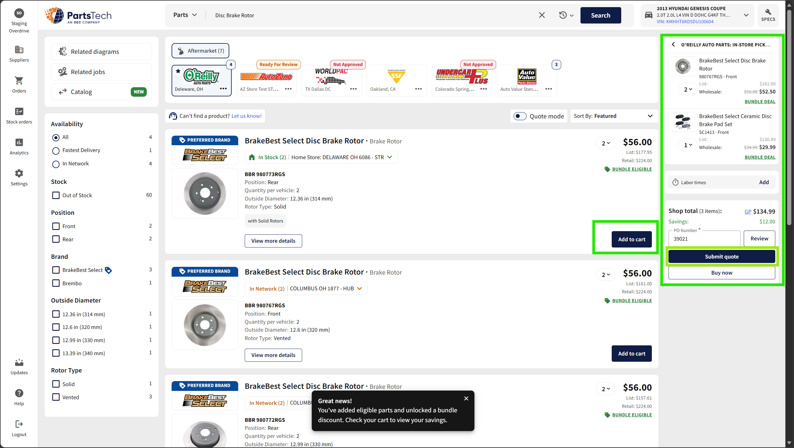 PartsTech rotor results with two items in cart and a bundle discount toast