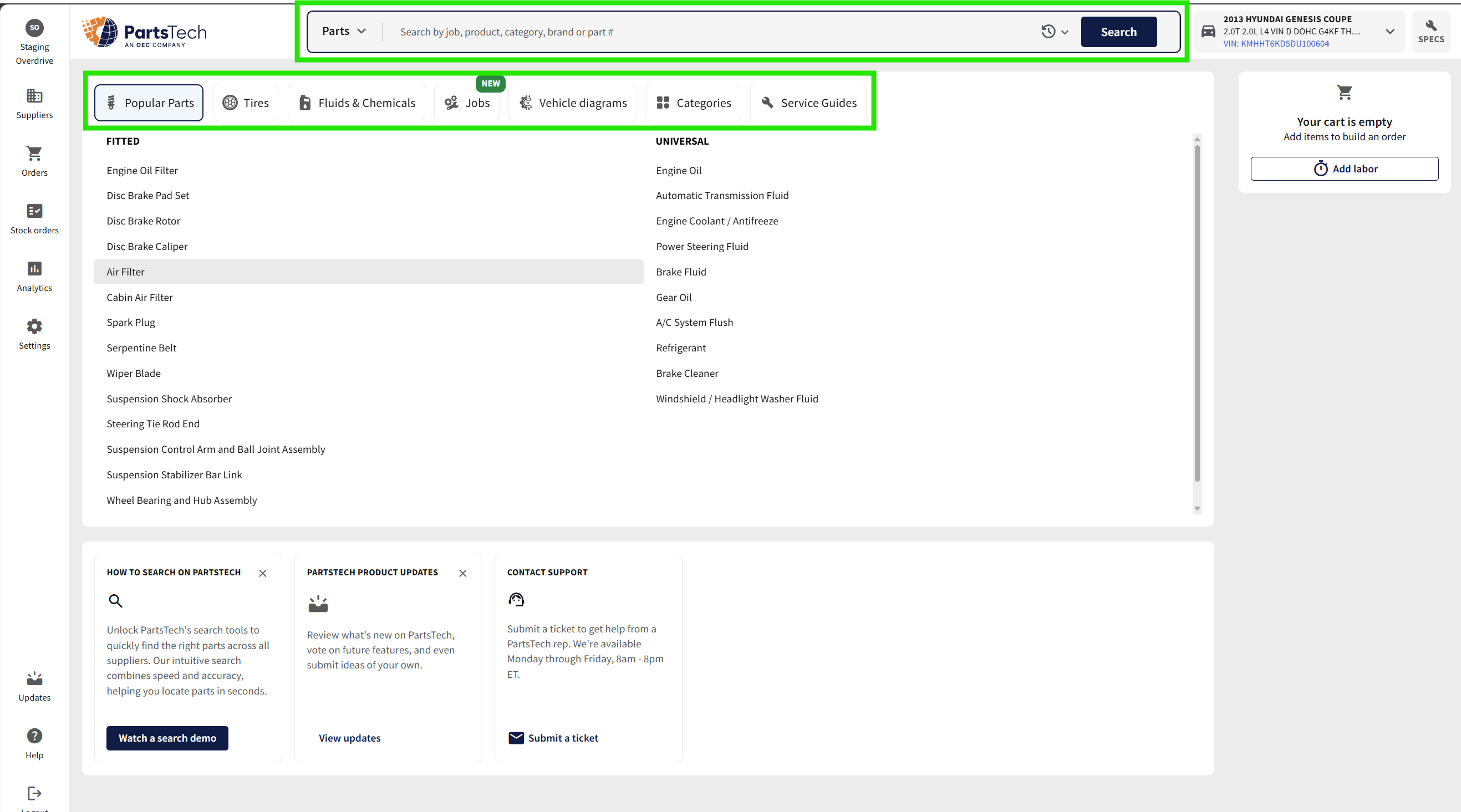 PartsTech home view, preloaded with the customer's vehicle, cart empty