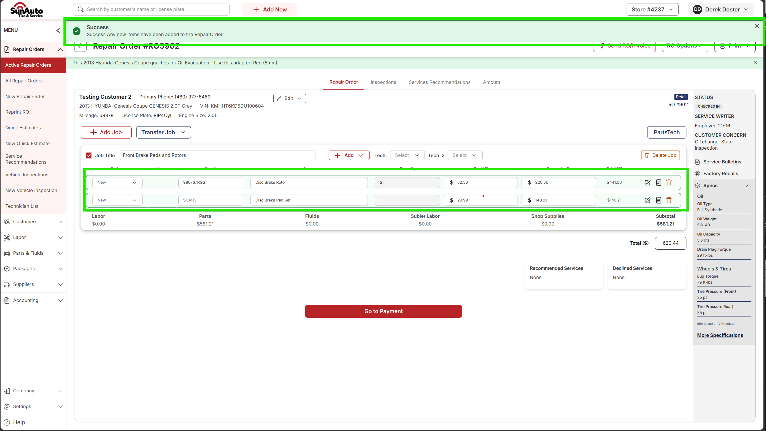 Repair Order with the PartsTech lines added — rotors and pads now sitting on the Job