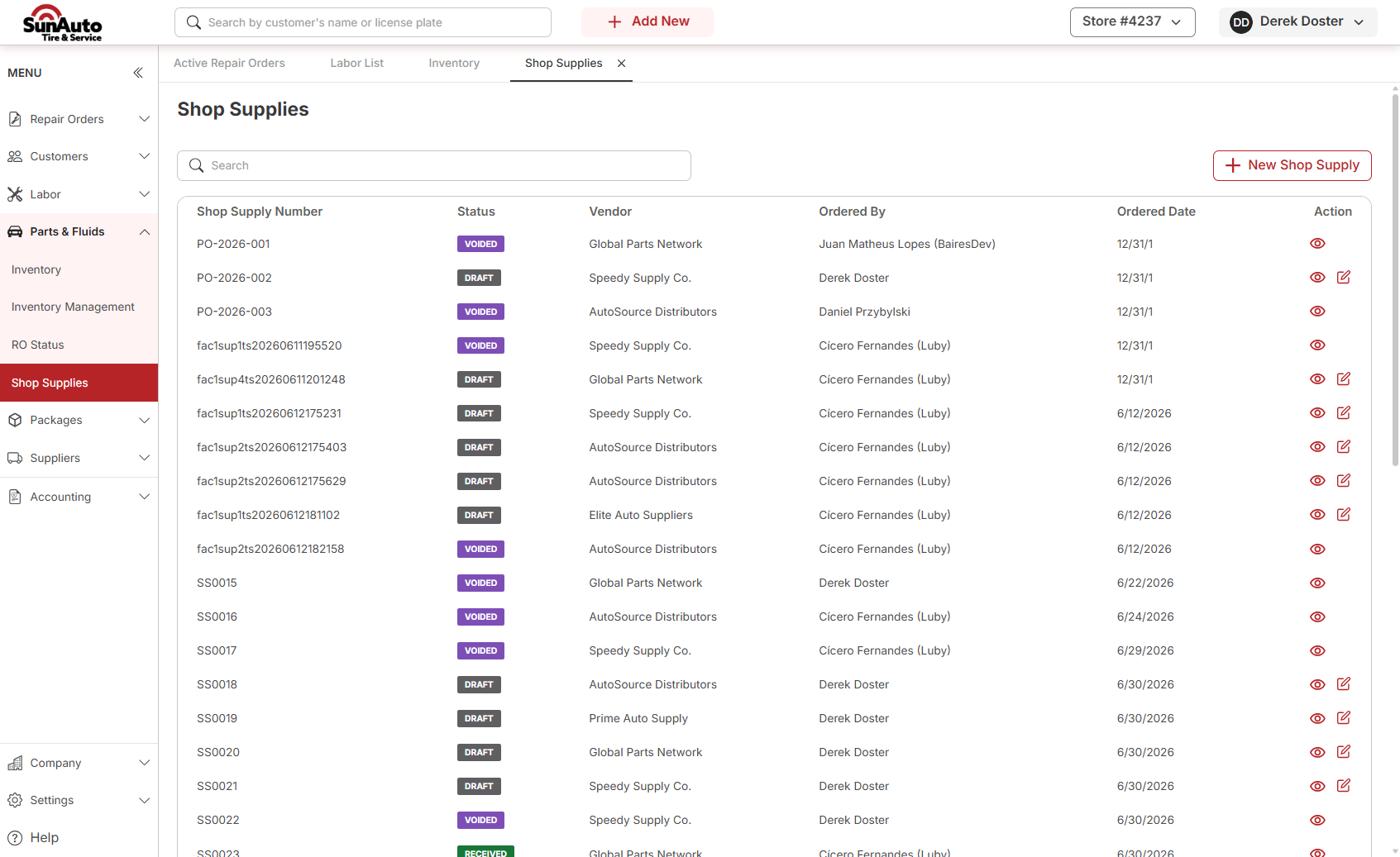 Shop Supplies list view with Draft, Received, and Voided entries