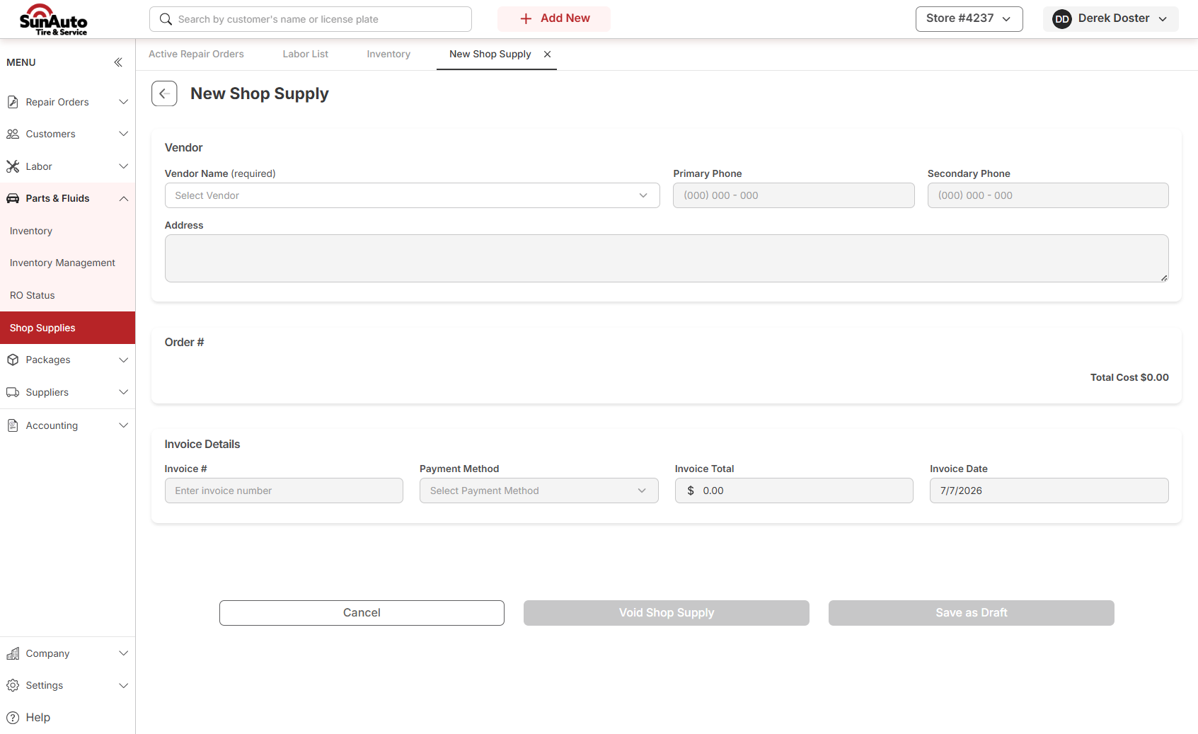 Empty New Shop Supply form with Vendor, Order, and Invoice Details sections