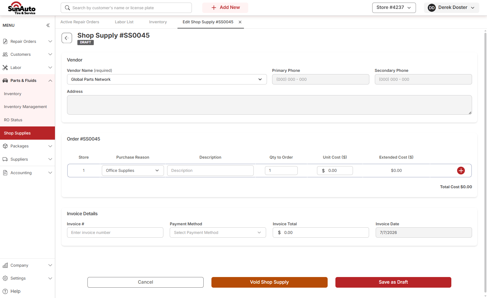 Draft Shop Supply SS0045 with vendor set and first empty line row