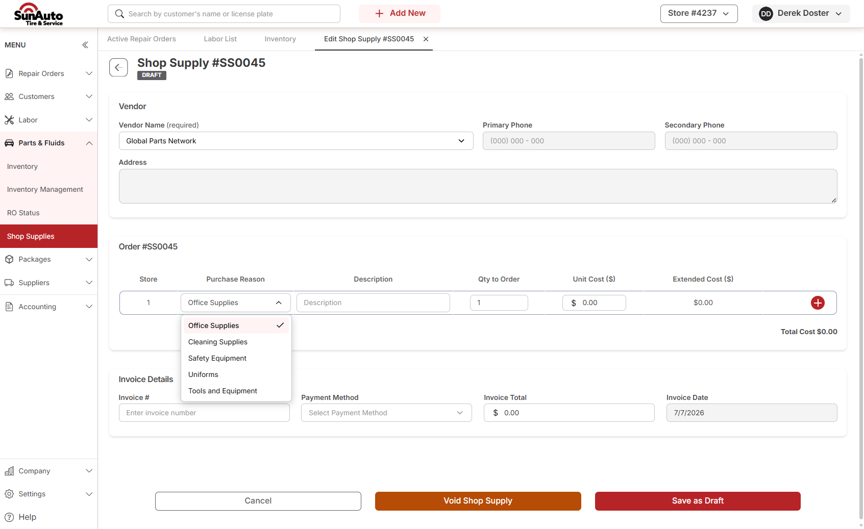 Purchase Reason dropdown open with five category options