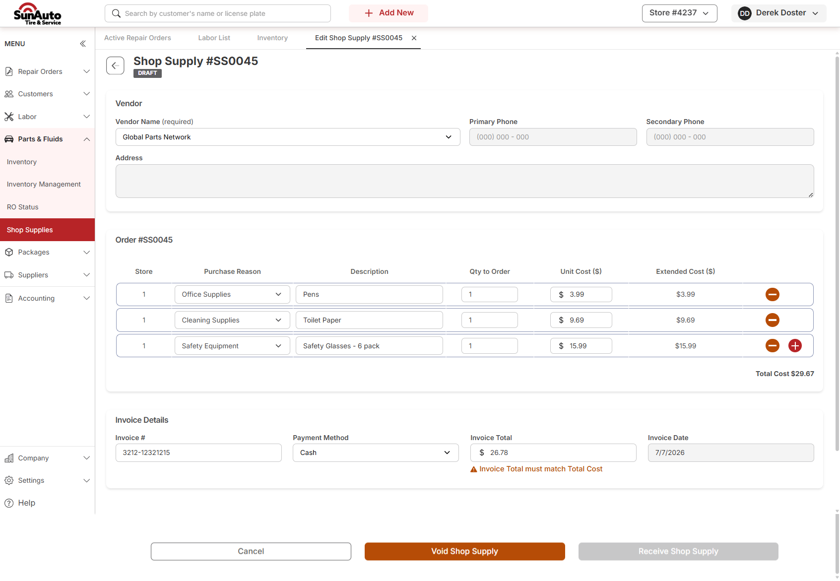 Invoice Total 26.78 doesn't match Total Cost 29.67 with warning displayed