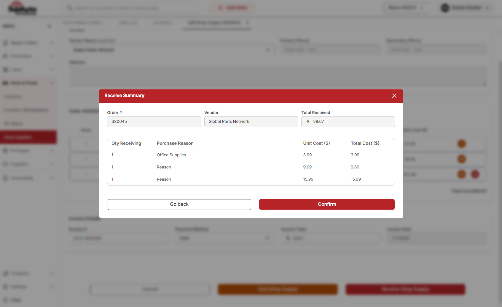 Receive Summary modal showing SS0045 total $29.67 with three lines