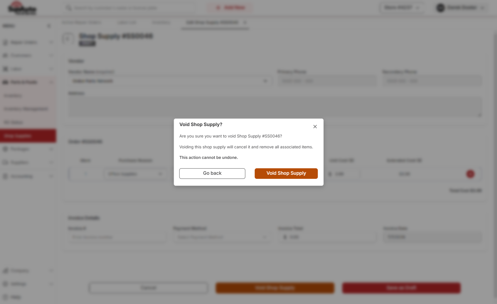 Void Shop Supply confirmation modal for SS0046