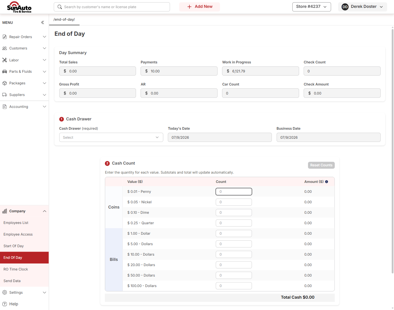 End of Day page with Day Summary, Cash Drawer, and Cash Count sections