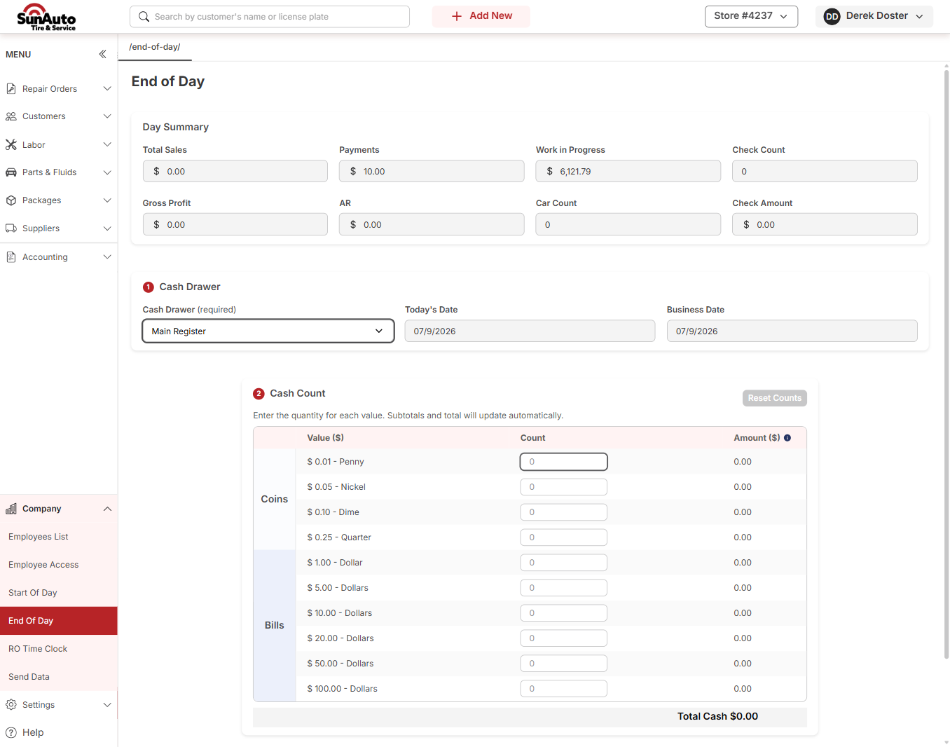 Cash Drawer dropdown set to Main Register with dates pre-filled