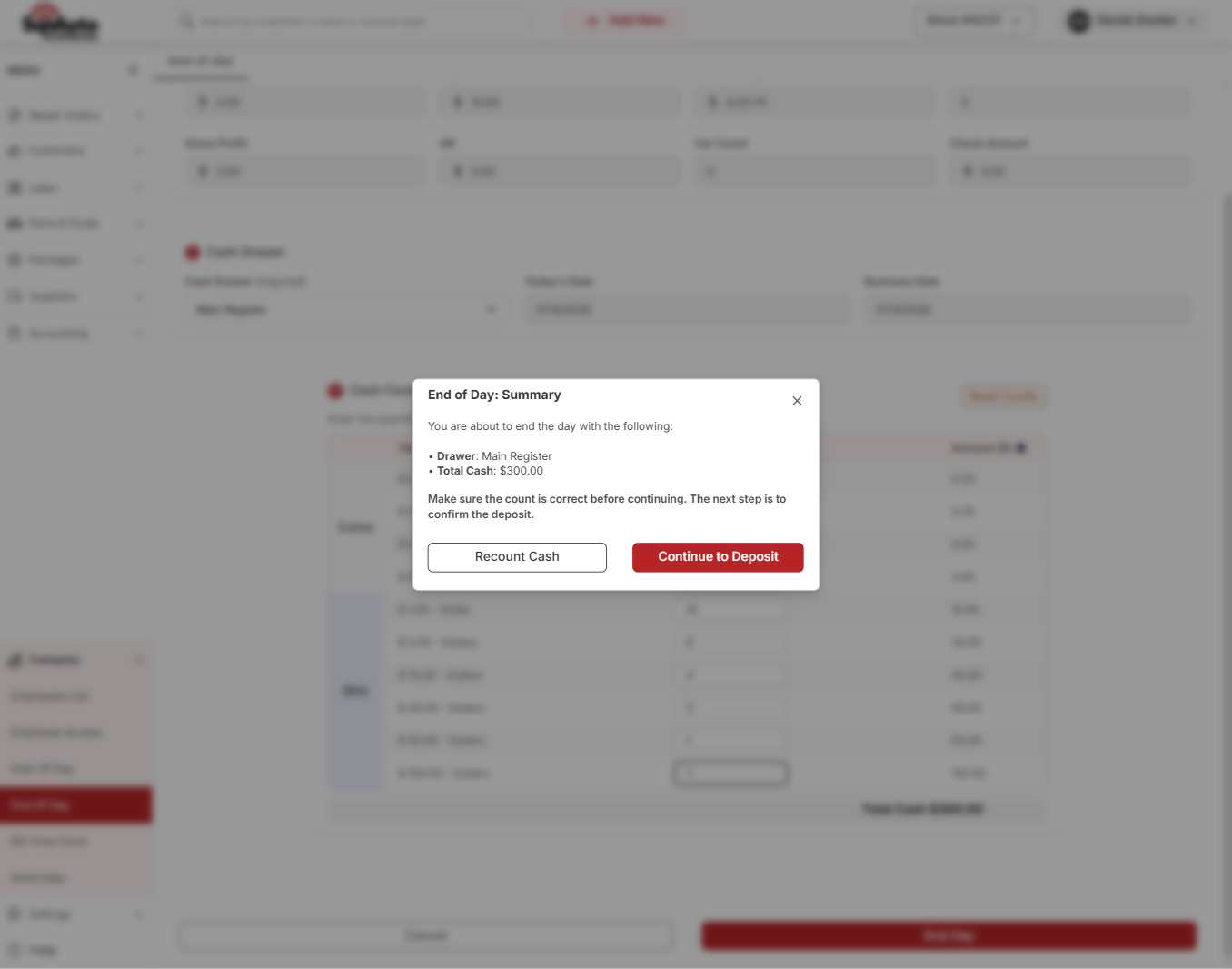 End of Day Summary dialog showing Main Register and Total Cash $300.00