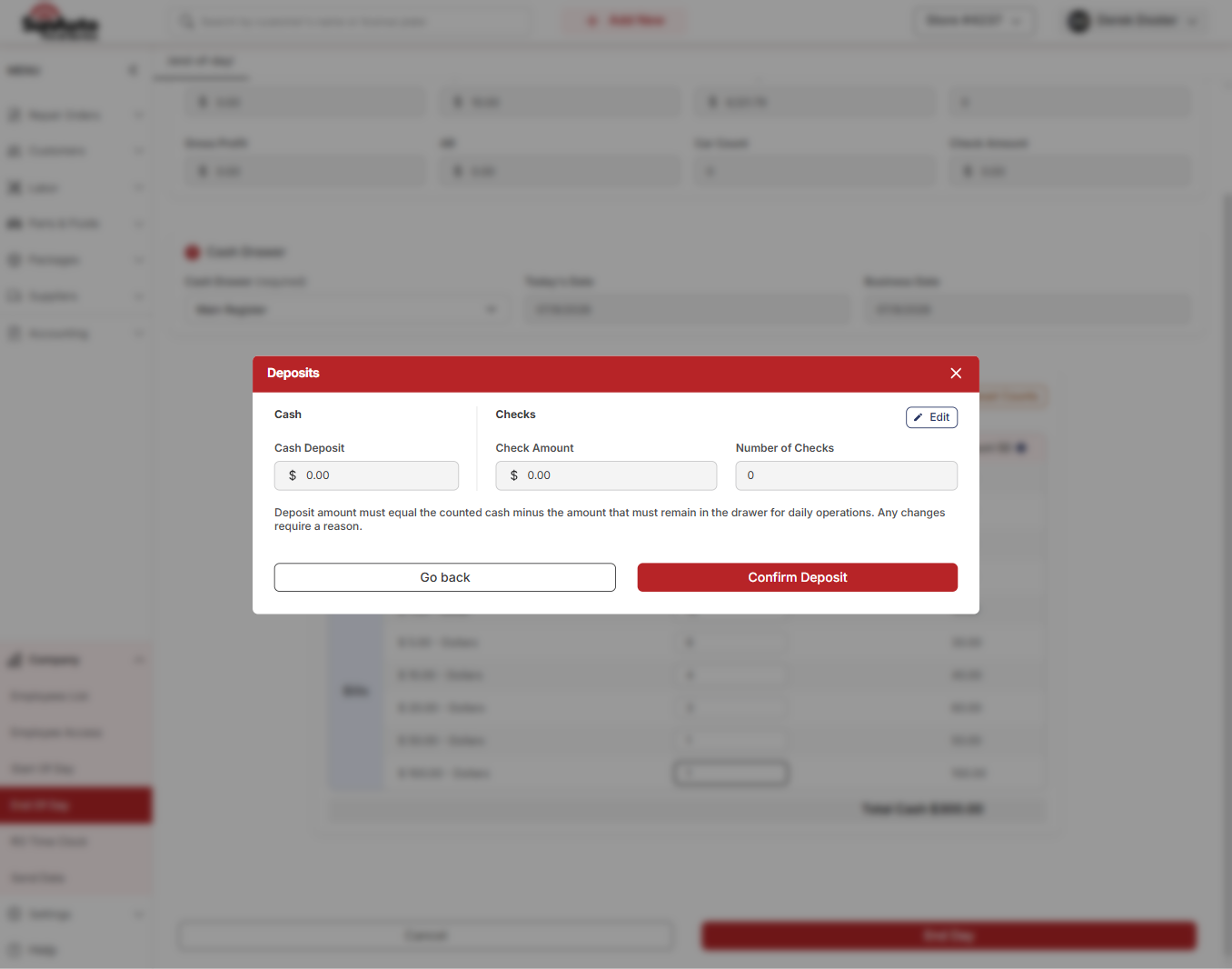 Deposits dialog with Cash Deposit and Check Amount at 0.00