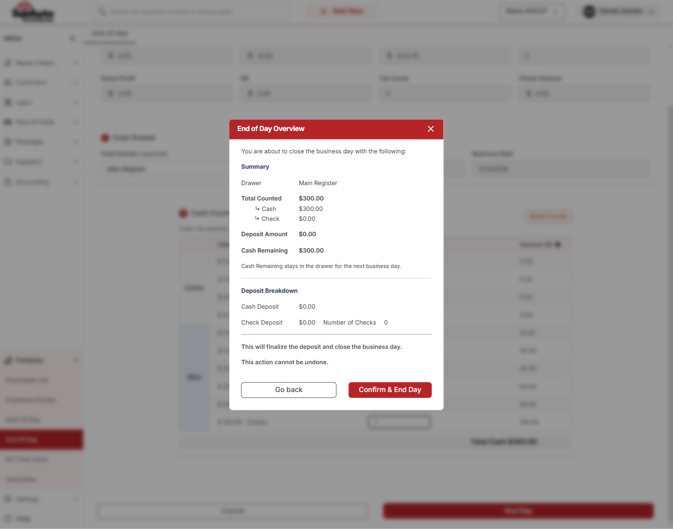 End of Day Overview dialog summarizing counted cash, deposit, and cash remaining