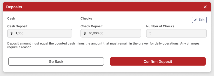 Deposits window showing a check deposit amount and number of checks, fields read-only