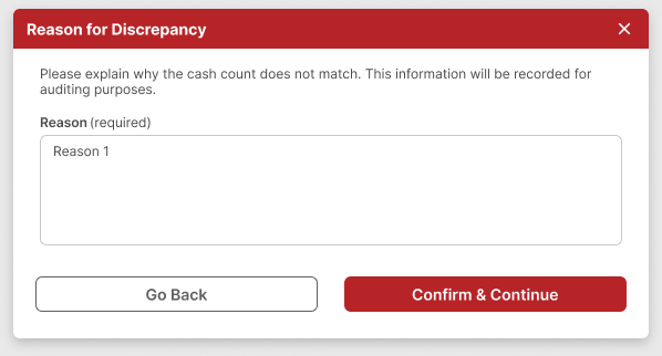 Reason for Discrepancy window with a reason entered and Confirm and Continue active