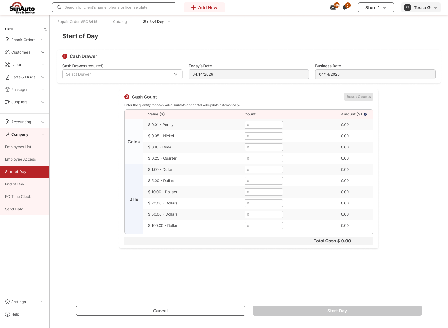 Start of Day page with Cash Drawer and Cash Count sections, Start Day disabled