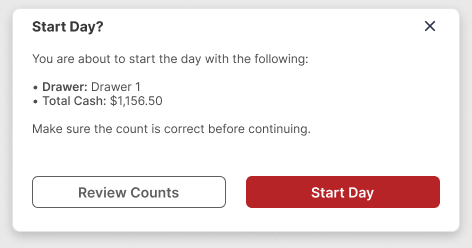 Start Day confirmation window showing Drawer 1 and Total Cash