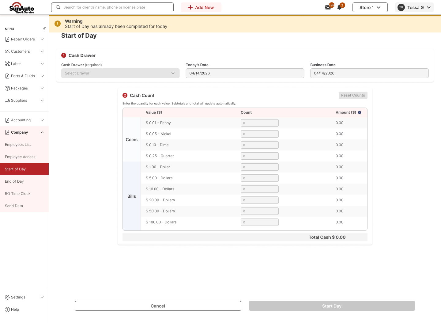 Start of Day page with a warning banner saying it was already completed today, form disabled