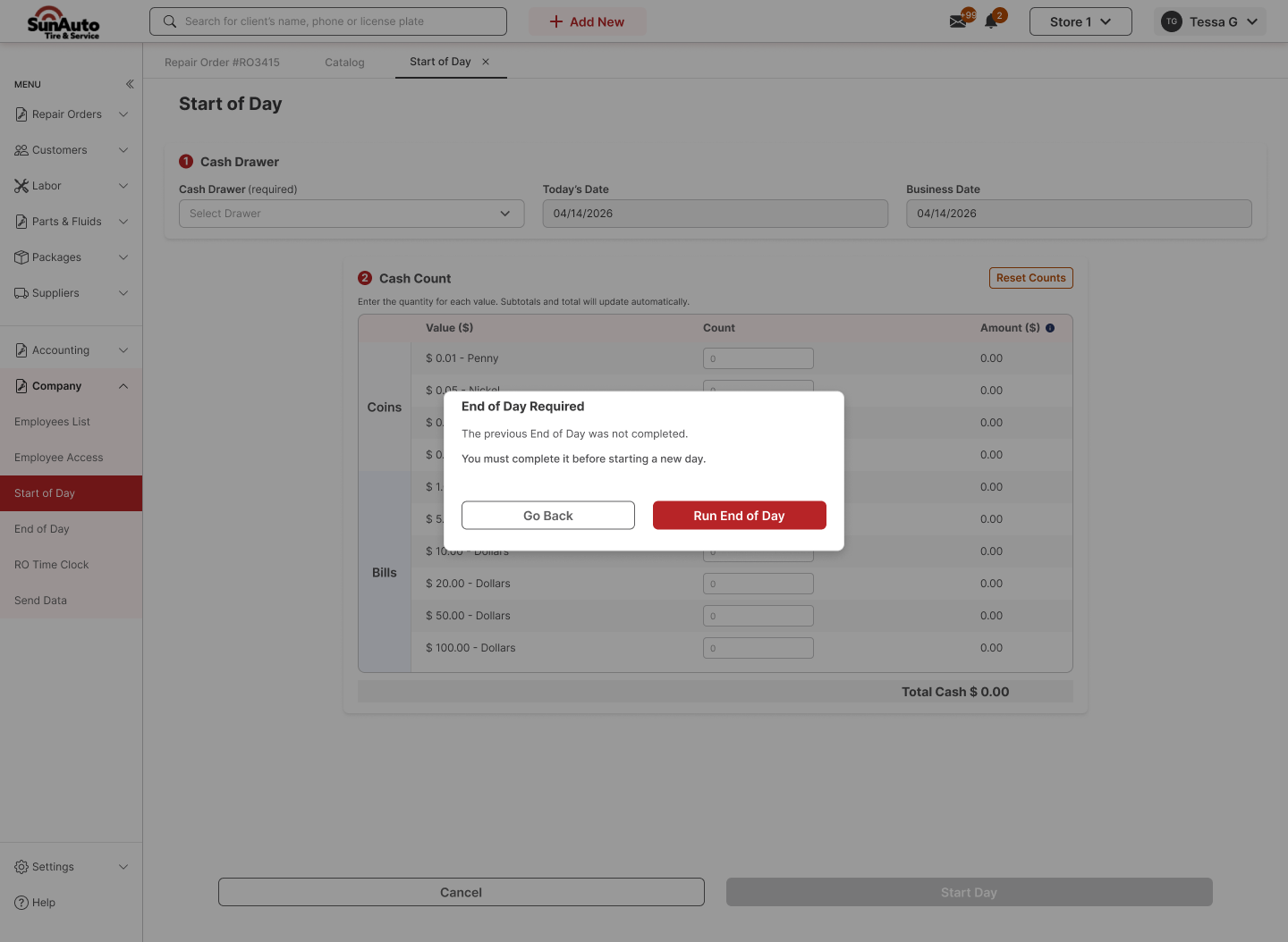 End of Day Required window over the Start of Day page with Go Back and Run End of Day buttons