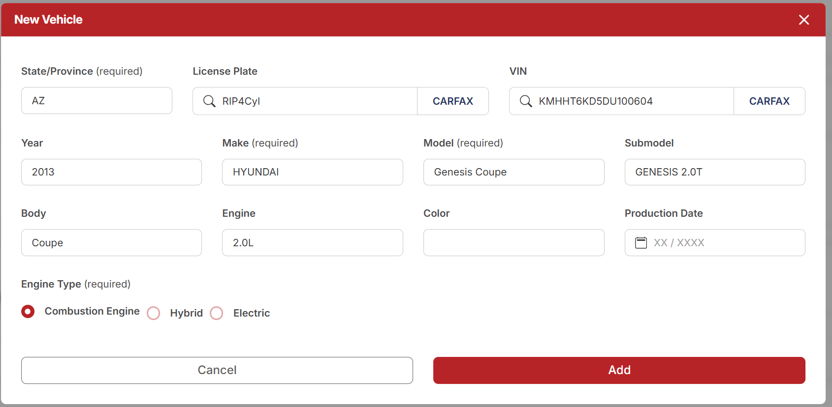 New Vehicle form filled in with example information